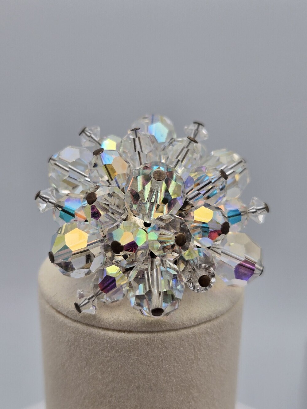 Vintage Aurora Borealis AB Crystal Cluster Brooch Starburst Floral Pin 1.5"